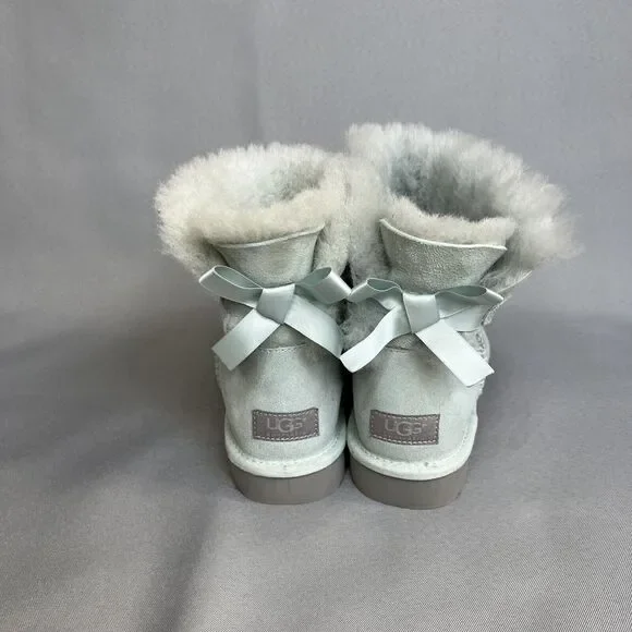 Womens Ugg Boots Sz 8 Ice Blue Bailey Bow Mini Suede Sherpa Coquette Festival - Picture 7 of 13